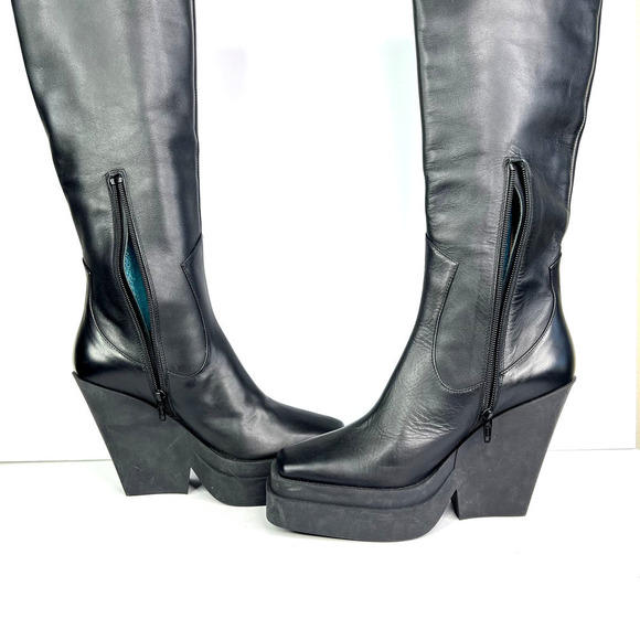 Gia Borghini Texan Knee High Western Boot Black Leather Platform Wedge Heel - Picture 6 of 9
